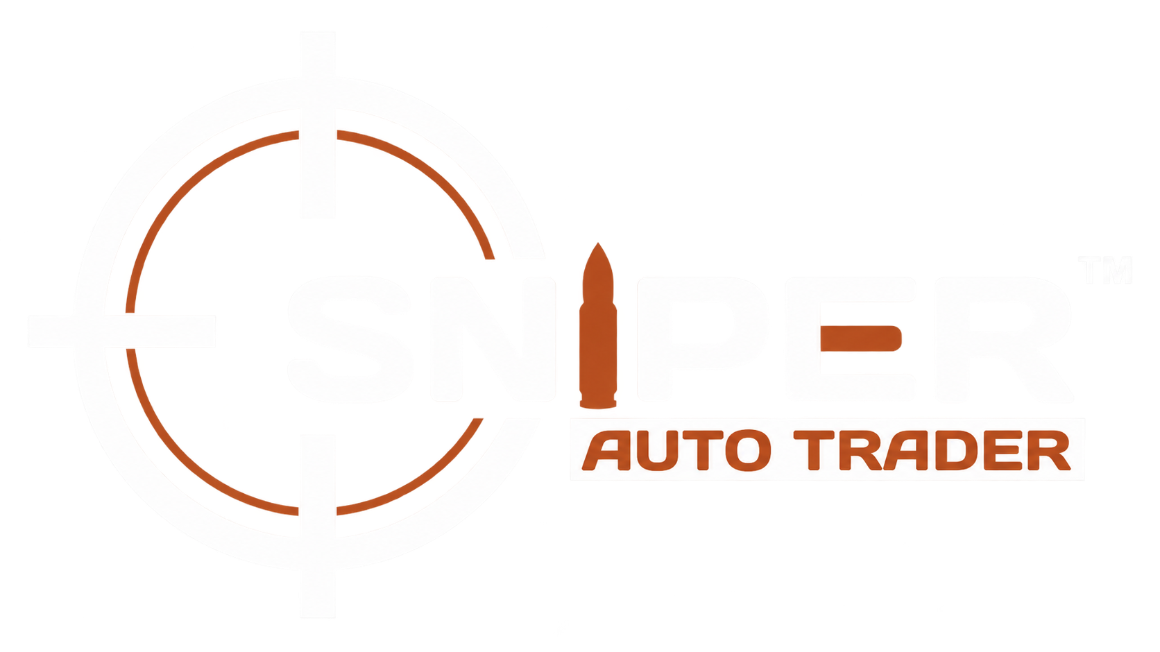 Sniper Auto Trader logo with a white crosshair target surrounding the bold 'SNIPER' text and an orange bullet-shaped 'I', plus 'AUTO TRADER' below in brown.