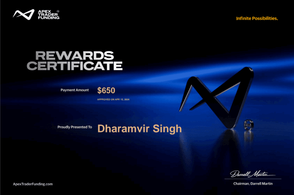 Rewards certificate for Dharamvir Singh showing a $650 payment amount and Apex Trader Funding branding.