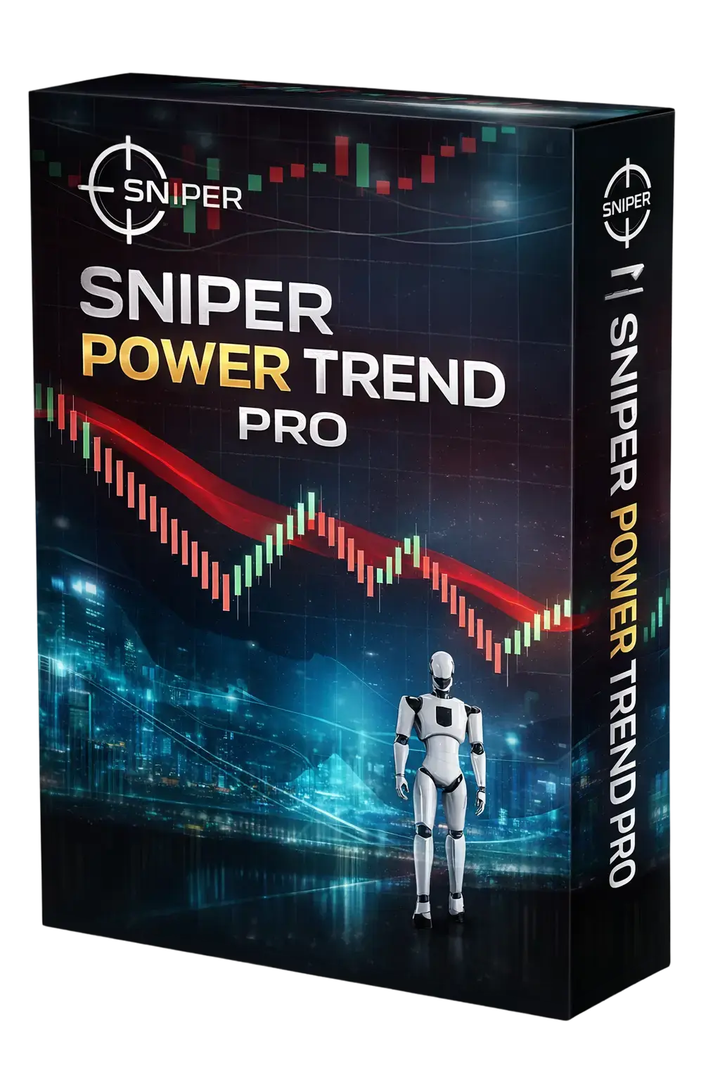 Product box for 'SNIPER POWER TREND PRO' featuring a stock chart with red/green candlesticks and a robotic figure.