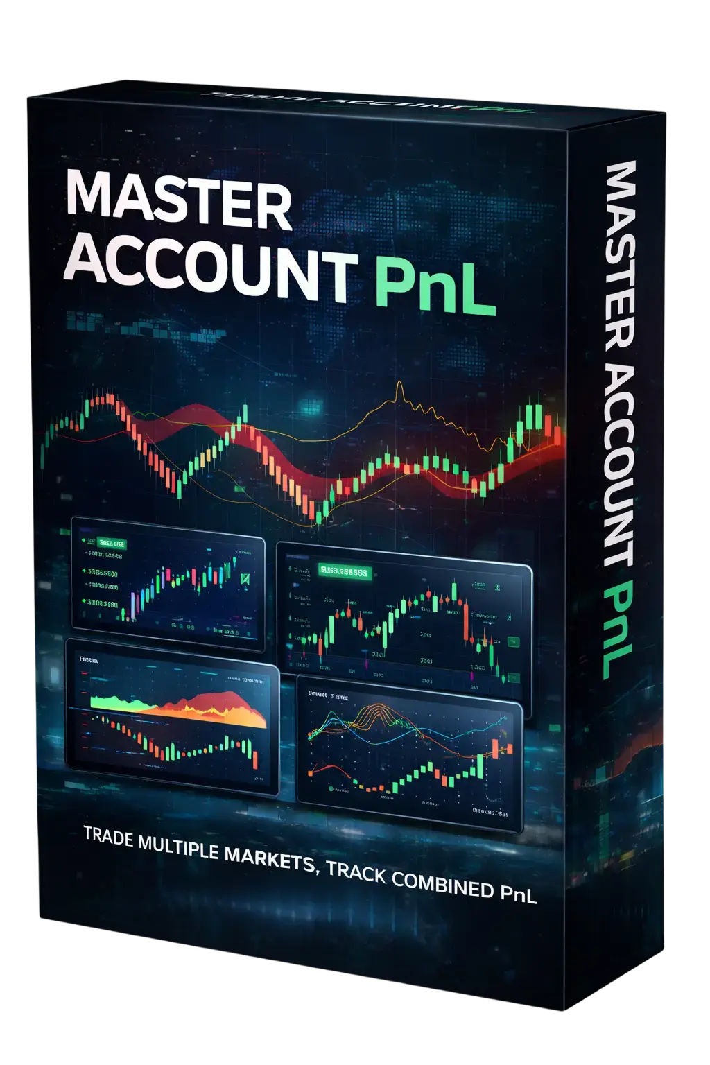 Boxed software product titled Master Account PnL with stock charts and dashboards on the cover.