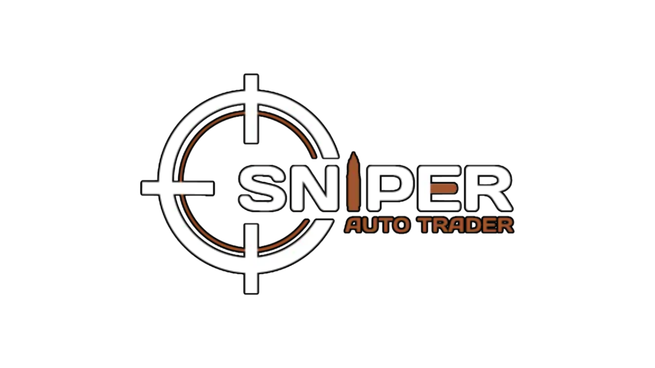 Logo for Sniper Auto Trader: a circular sniper reticle around the word SNIPER with AUTO TRADER below in brown.