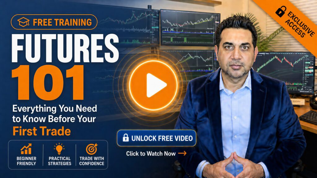 Promo thumbnail for 'Futures 101' training video: big white 'FUTURES' and orange '101', play button over glowing circle, man in blue blazer in front of trading charts, and 'Unlock Free Video' CTA.