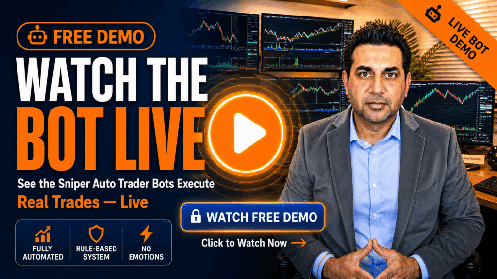 Promotional banner with a man in a suit beside trading charts and bold text: 'WATCH THE BOT LIVE' and a 'Watch Free Demo' button
